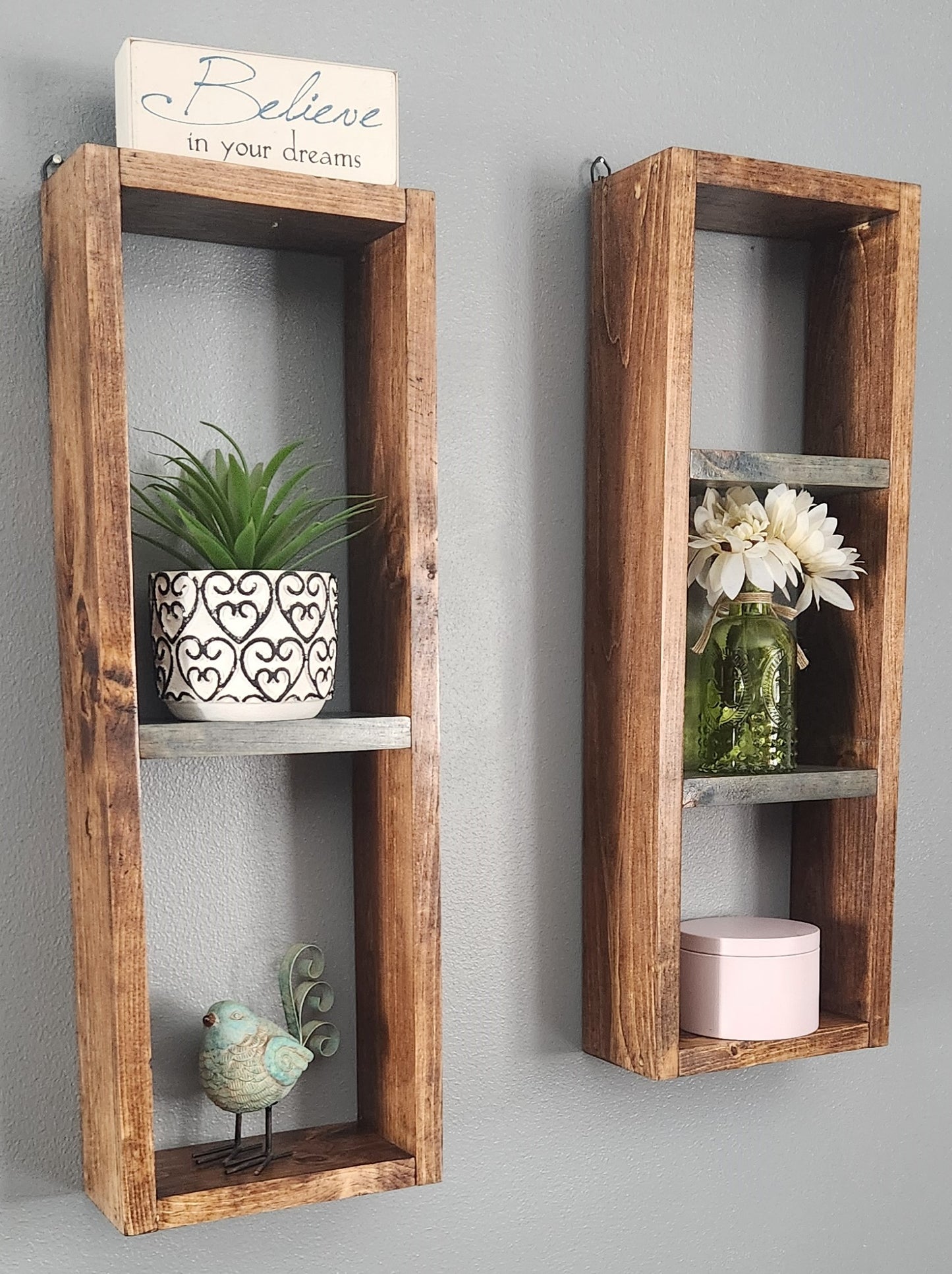 Two Wall Mounted Box Shelves Honey / Phantom Gray Stain