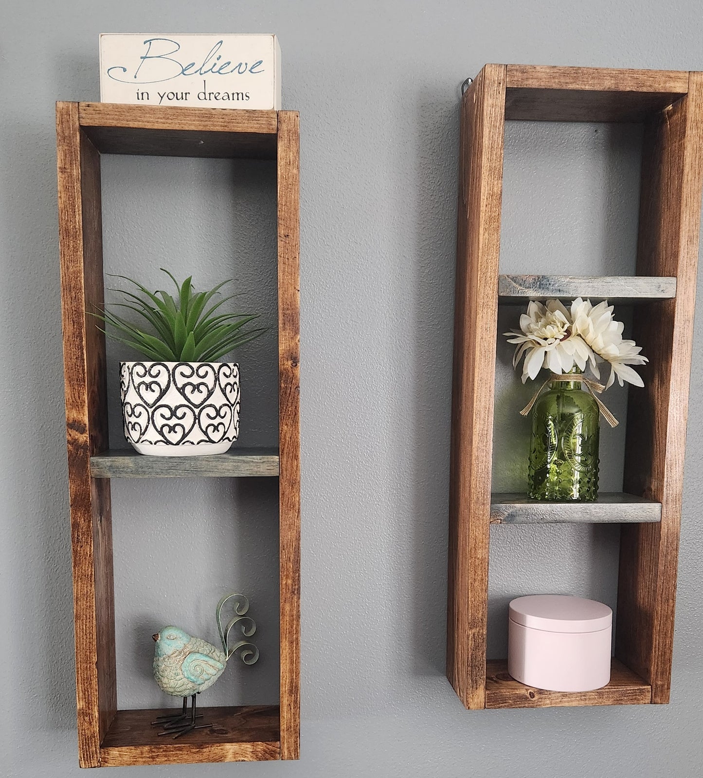 Two Wall Mounted Box Shelves Honey / Phantom Gray Stain