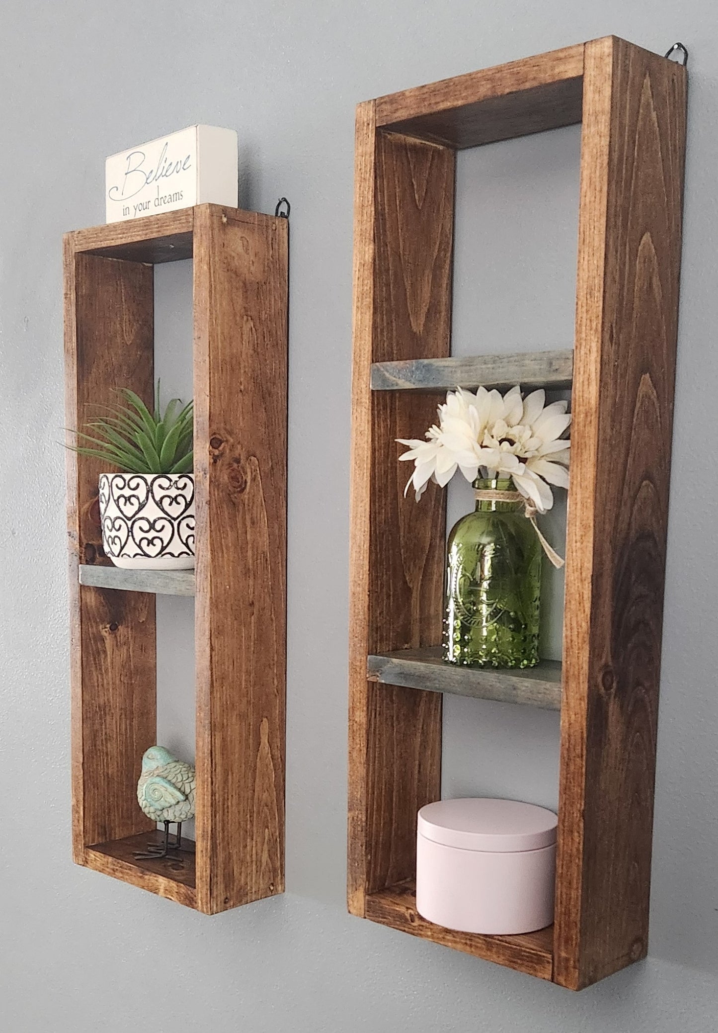 Two Wall Mounted Box Shelves Honey / Phantom Gray Stain