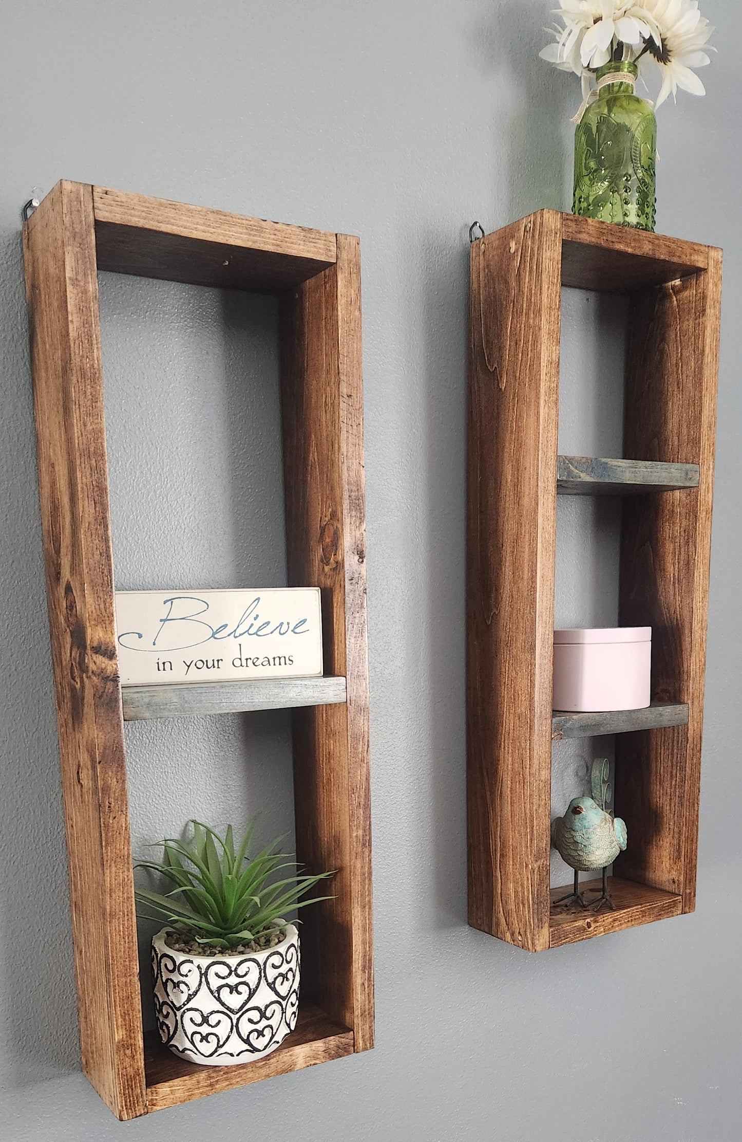Two Wall Mounted Box Shelves Honey / Phantom Gray Stain