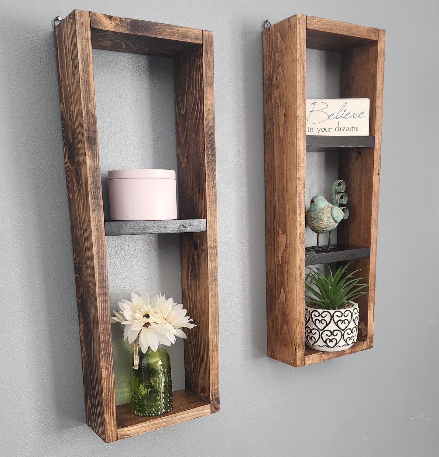 Two Wall Mounted Box Shelves Honey stain/ Black shelves