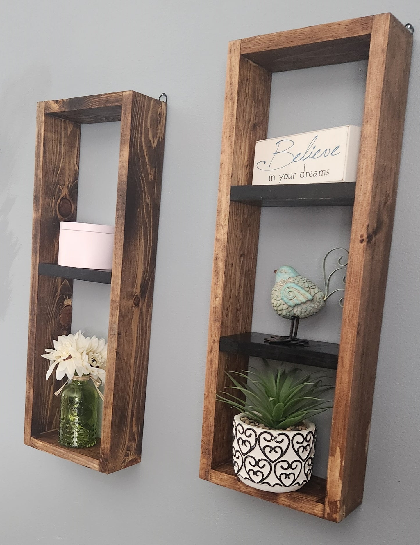 Two Wall Mounted Box Shelves Honey stain/ Black shelves