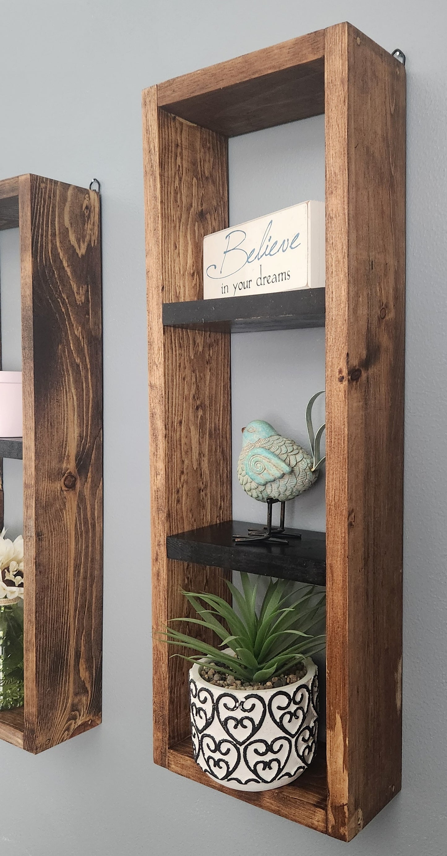 Two Wall Mounted Box Shelves Honey stain/ Black shelves