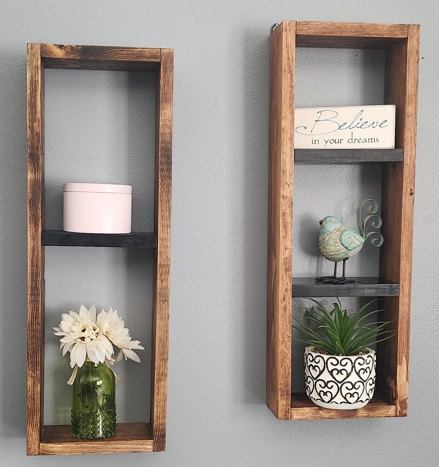 Two Wall Mounted Box Shelves Honey stain/ Black shelves