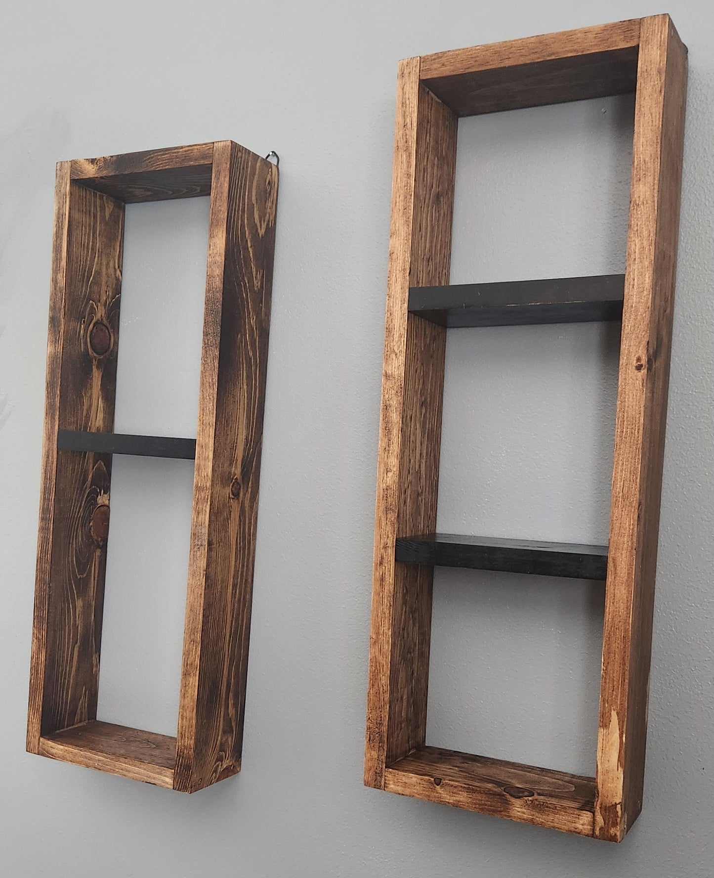 Two Wall Mounted Box Shelves Honey stain/ Black shelves