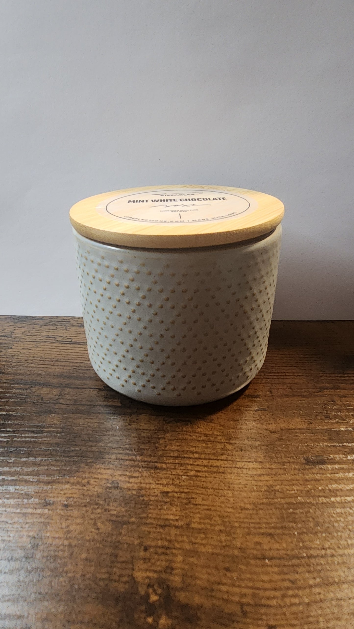 12 oz. gray soy candle with wood lid