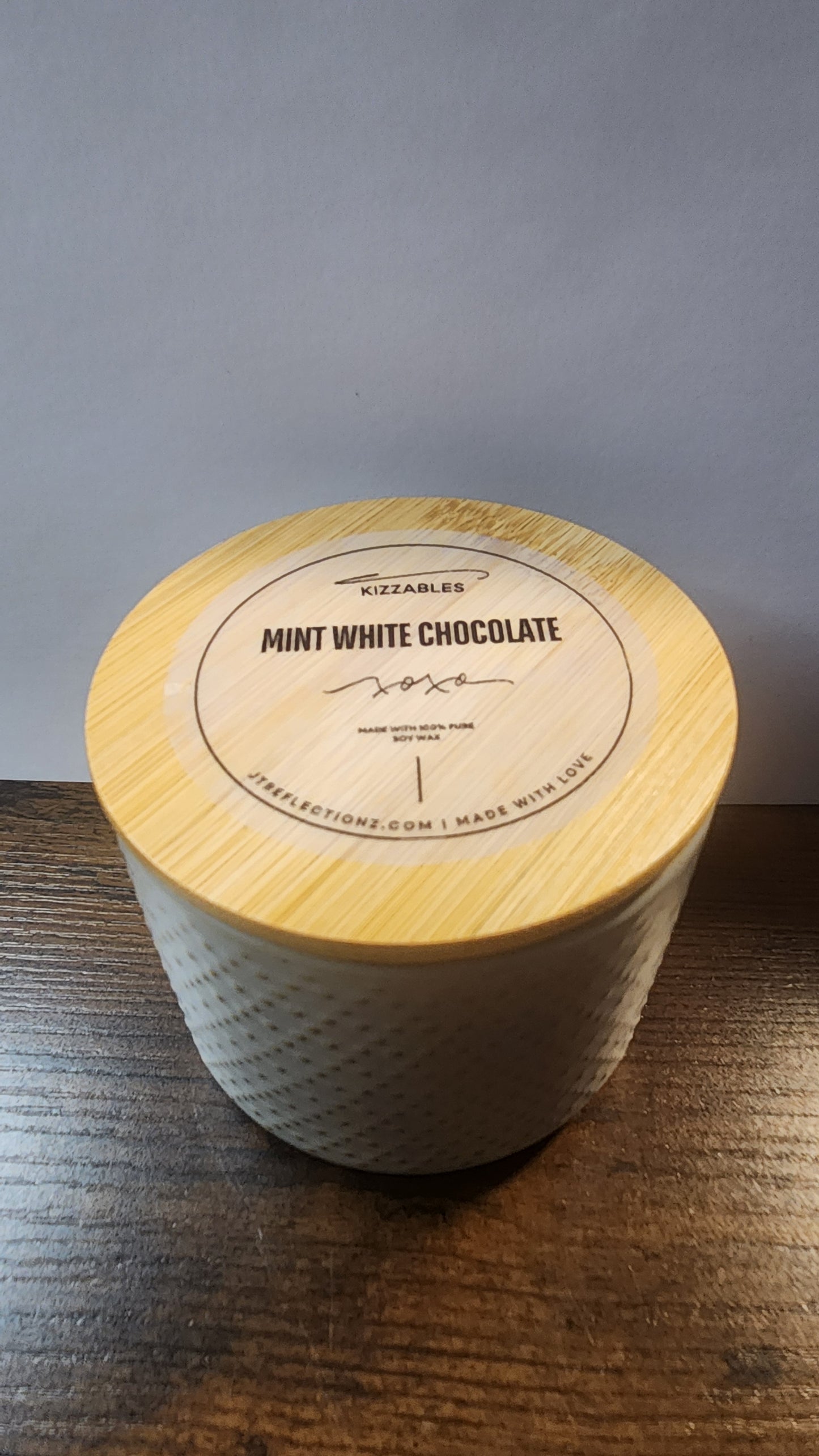 12 oz. gray soy candle with wood lid