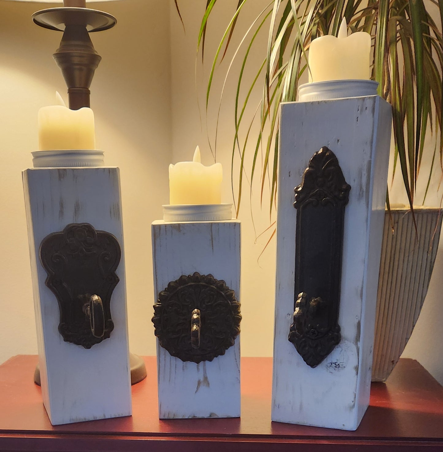 Rustic Three Piece Candle Holder with Lighted Candles
