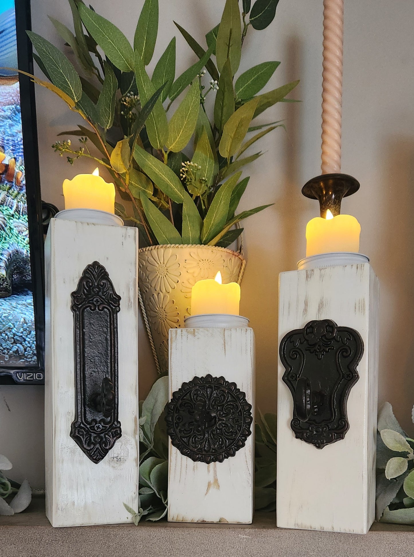 Rustic Three Piece Candle Holder with Lighted Candles