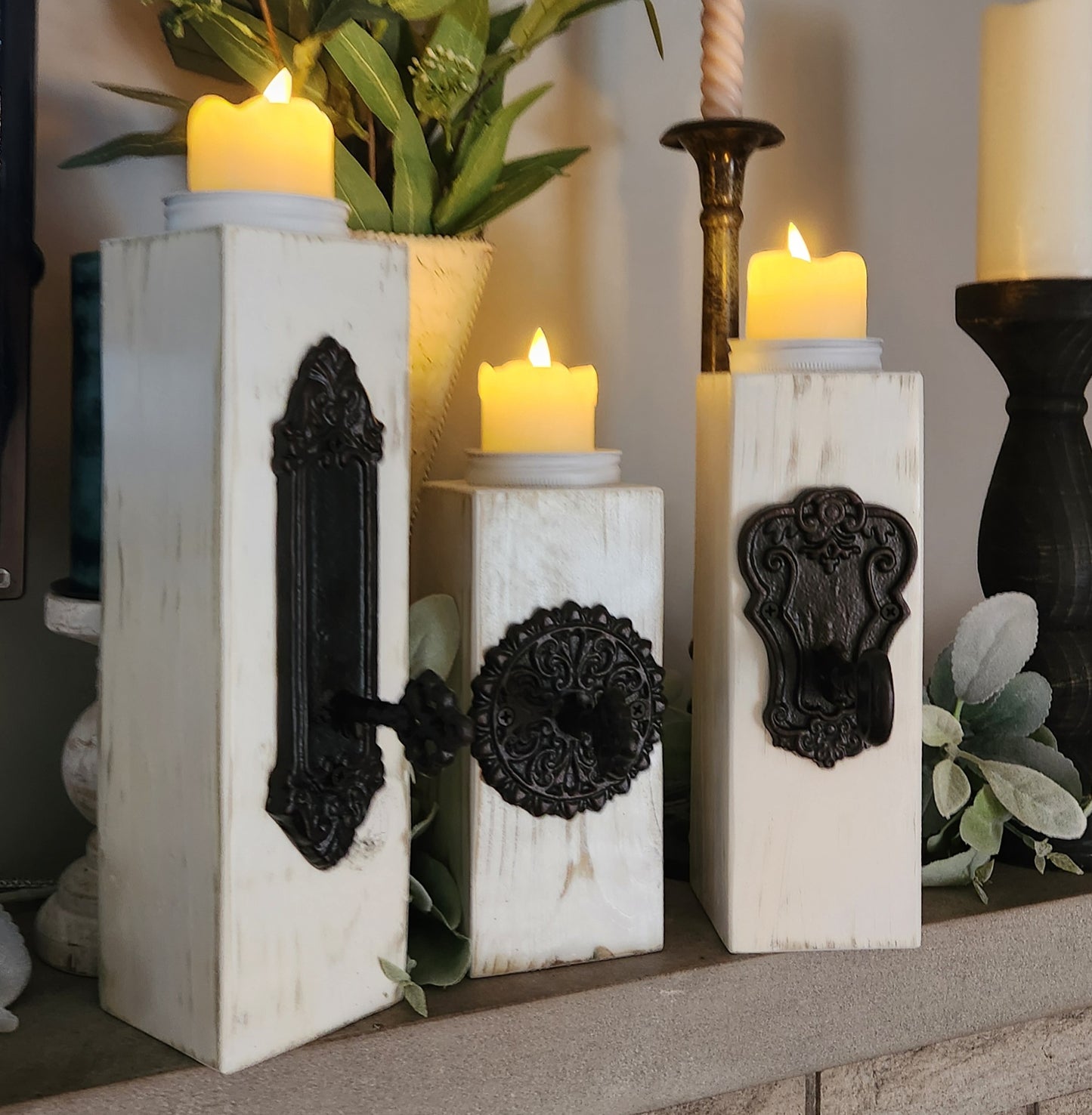 Rustic Three Piece Candle Holder with Lighted Candles