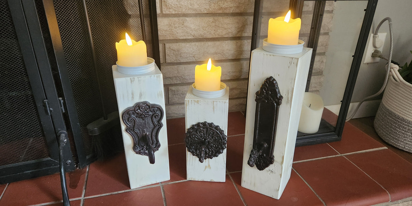 Rustic Three Piece Candle Holder with Lighted Candles